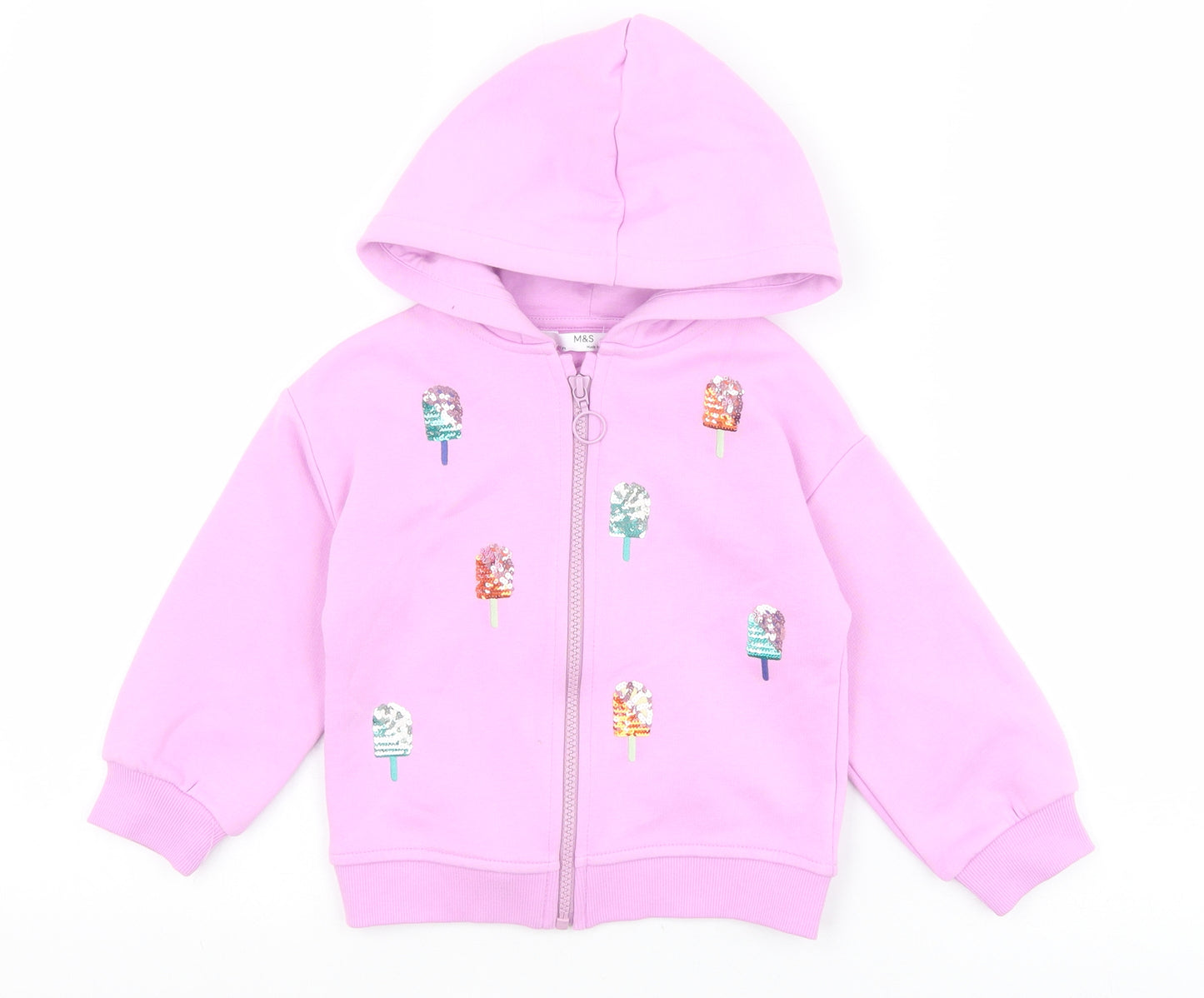 Marks and Spencer Girls Pink Cotton Full Zip Hoodie Size 2-3 Years Zip - Ice Cream