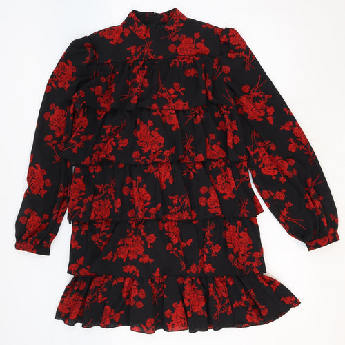 Missguided Womens Black Floral Polyester Mini Size 8 Mock Neck Button