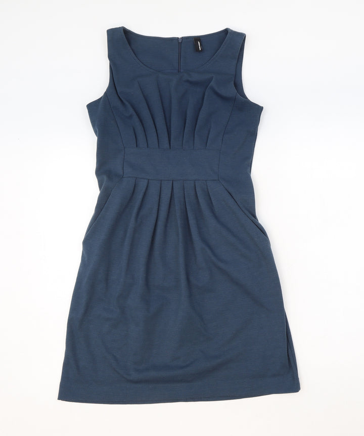 VERO MODA Womens Blue Polyester Shift Size S Boat Neck Zip - Front Pleat Detail