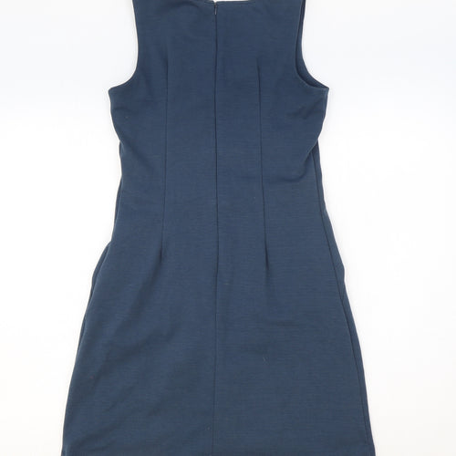VERO MODA Womens Blue Polyester Shift Size S Boat Neck Zip - Front Pleat Detail