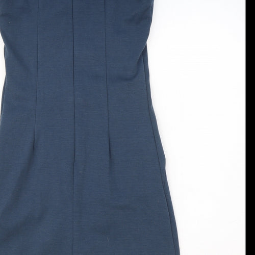 VERO MODA Womens Blue Polyester Shift Size S Boat Neck Zip - Front Pleat Detail