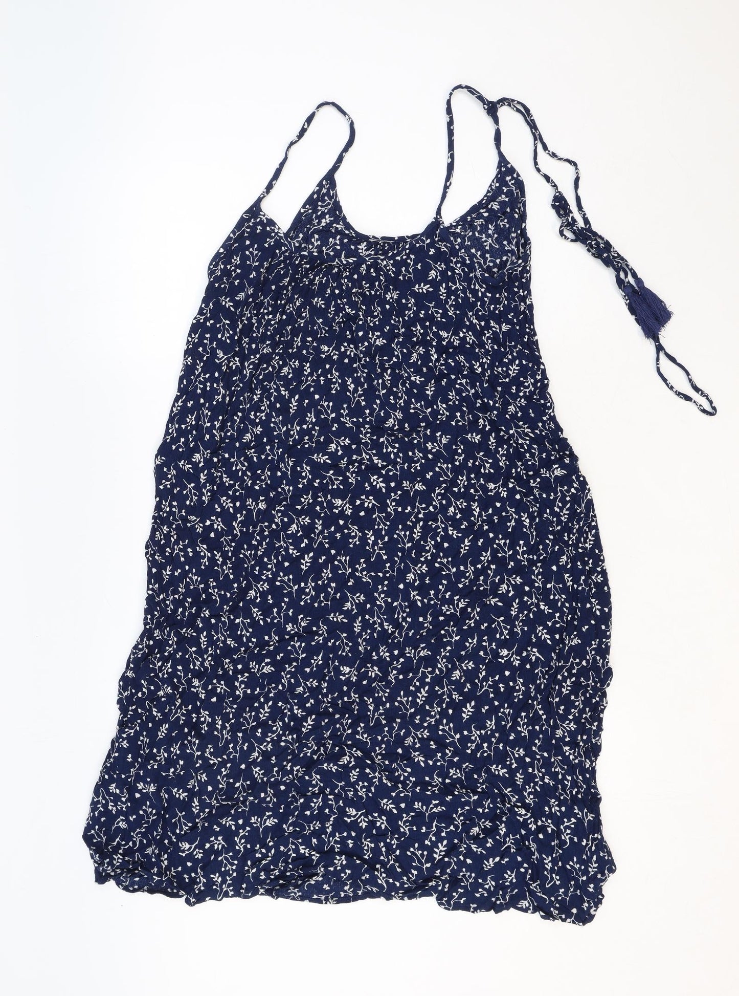 H&M Womens Blue Floral Viscose Tank Dress Size 12 Round Neck Pullover