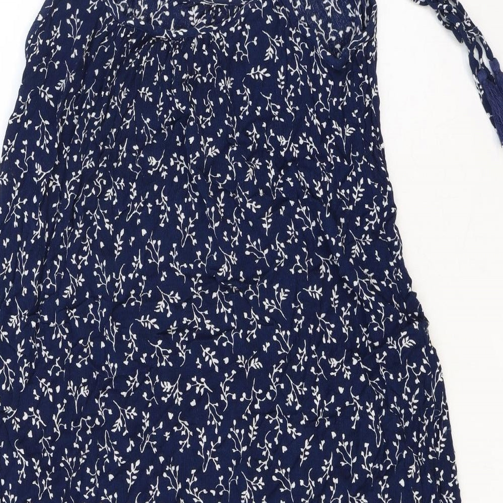 H&M Womens Blue Floral Viscose Tank Dress Size 12 Round Neck Pullover