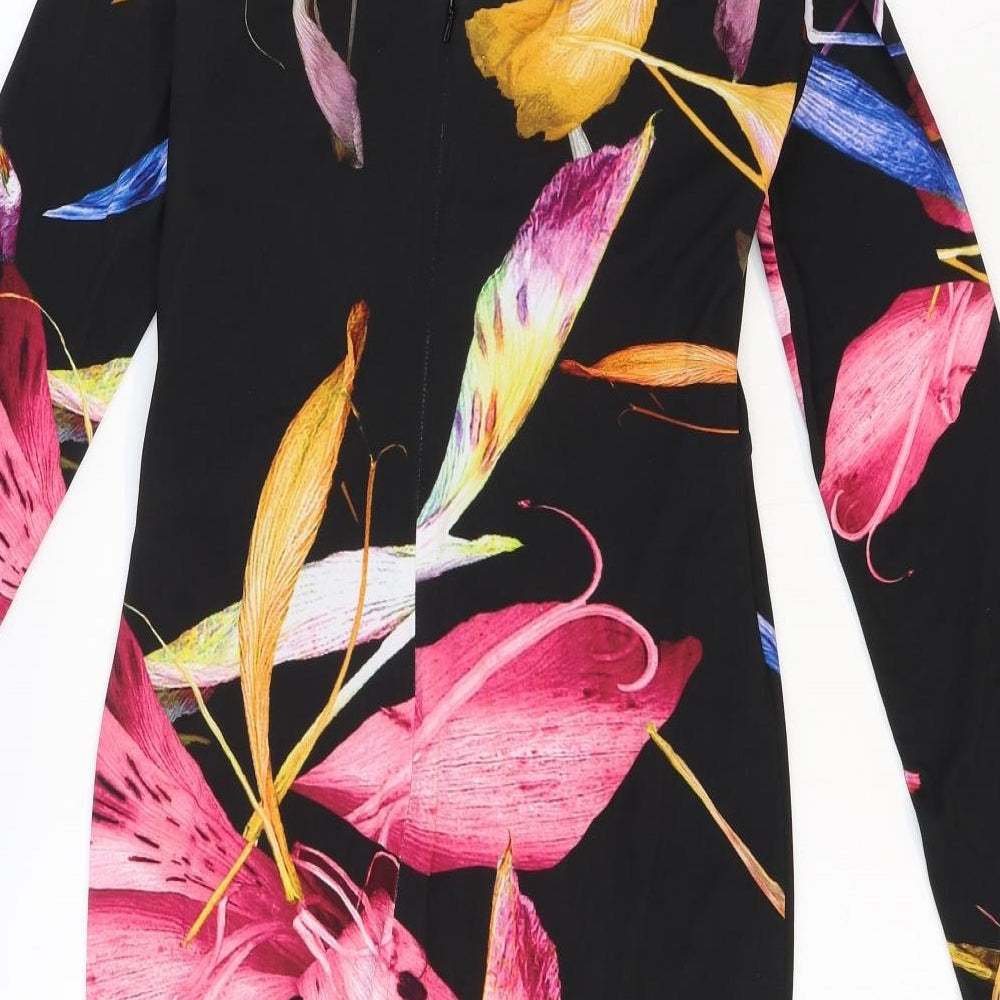 Coast Womens Black Floral Polyester A-Line Size 10 V-Neck Zip