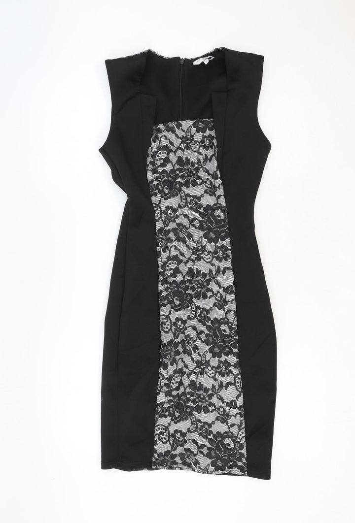 New Look Womens Black Floral Polyester A-Line Size 8 Square Neck Zip
