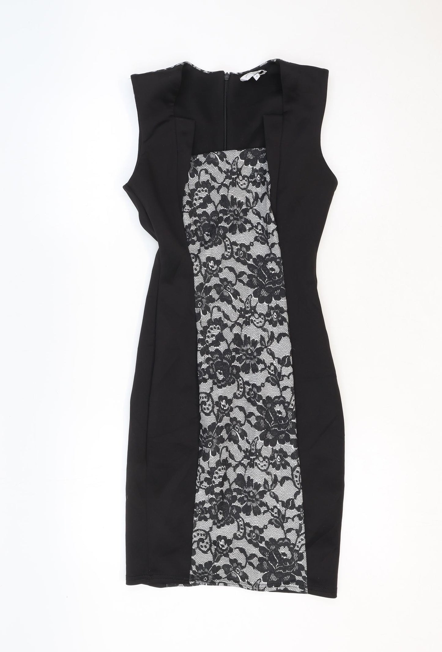 New Look Womens Black Floral Polyester A-Line Size 8 Square Neck Zip