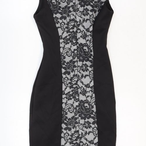 New Look Womens Black Floral Polyester A-Line Size 8 Square Neck Zip