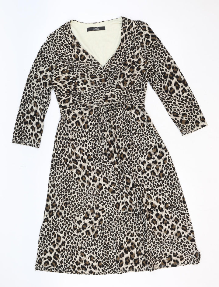 Julian McDonald Womens Beige Animal Print Polyester Fit & Flare Size 12 V-Neck Pullover