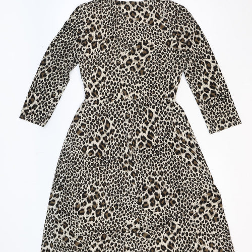 Julian McDonald Womens Beige Animal Print Polyester Fit & Flare Size 12 V-Neck Pullover