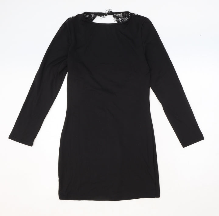 Yoins Womens Black Polyester A-Line Size 10 Round Neck Button
