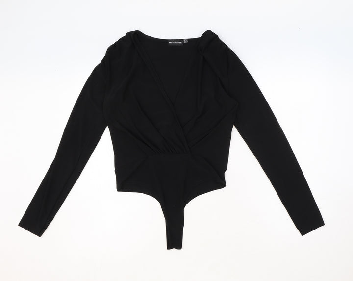 PRETTYLITTLETHING Womens Black Polyester Bodysuit One-Piece Size 10 Pullover