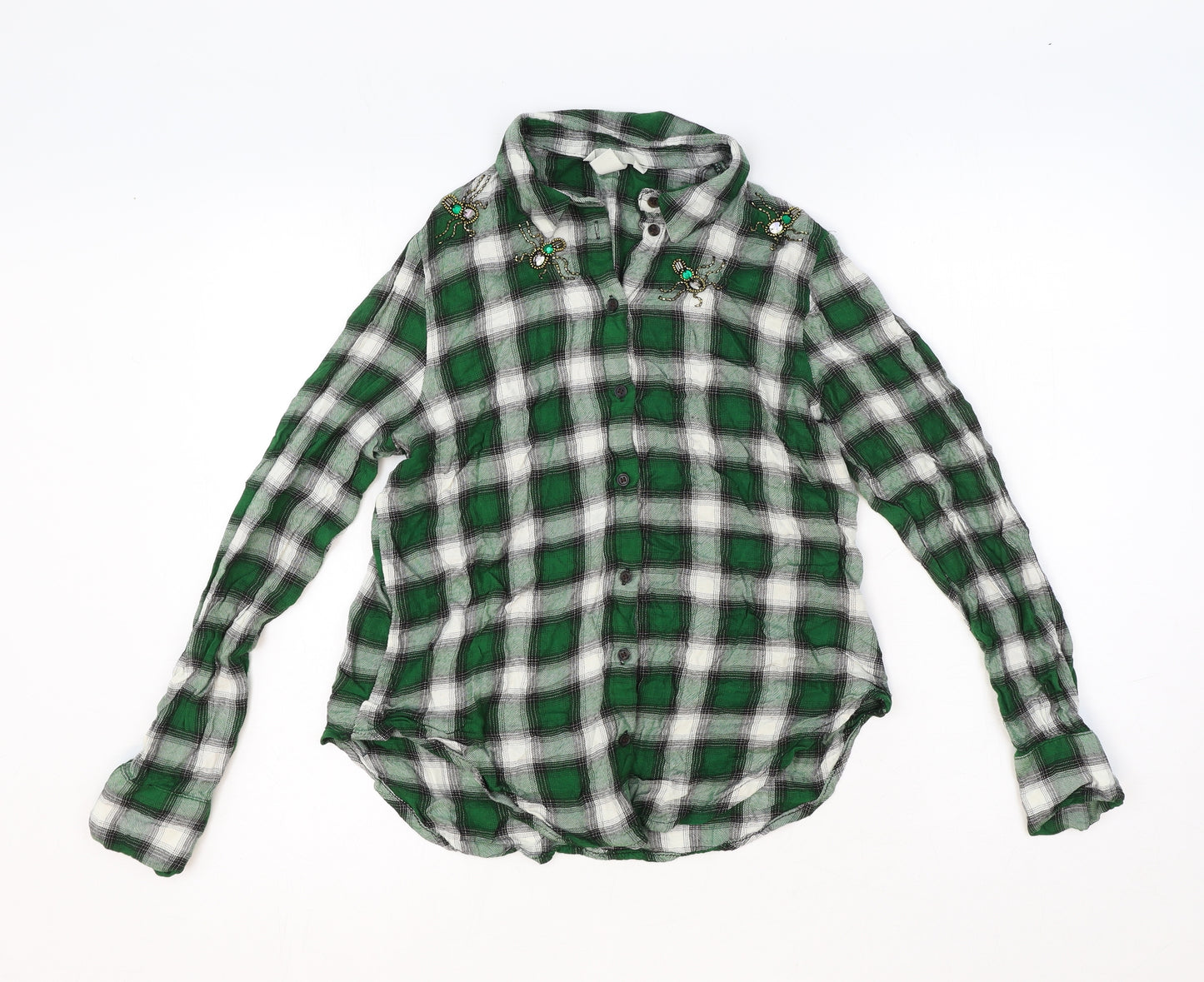 H&M Womens Green Plaid Viscose Basic Button-Up Size 12 Collared