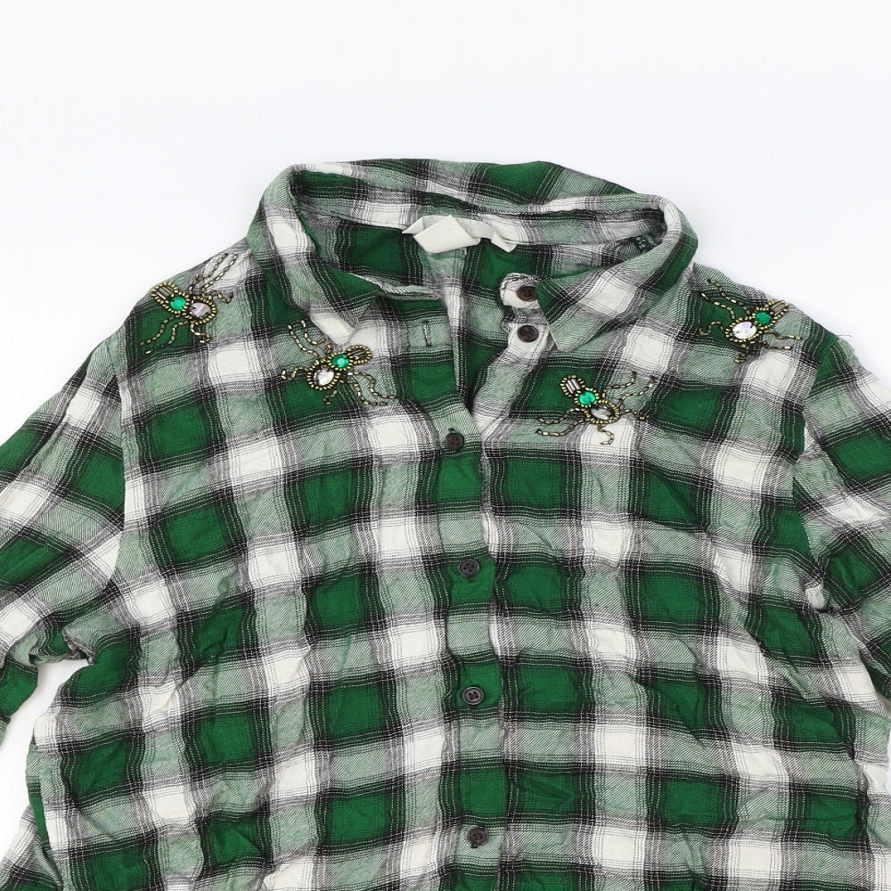 H&M Womens Green Plaid Viscose Basic Button-Up Size 12 Collared