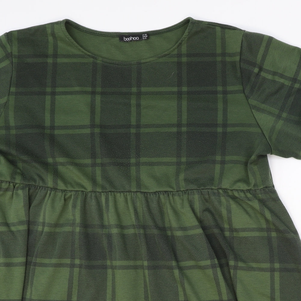 Boohoo Womens Green Plaid Polyester Fit & Flare Size 2XL Round Neck Pullover