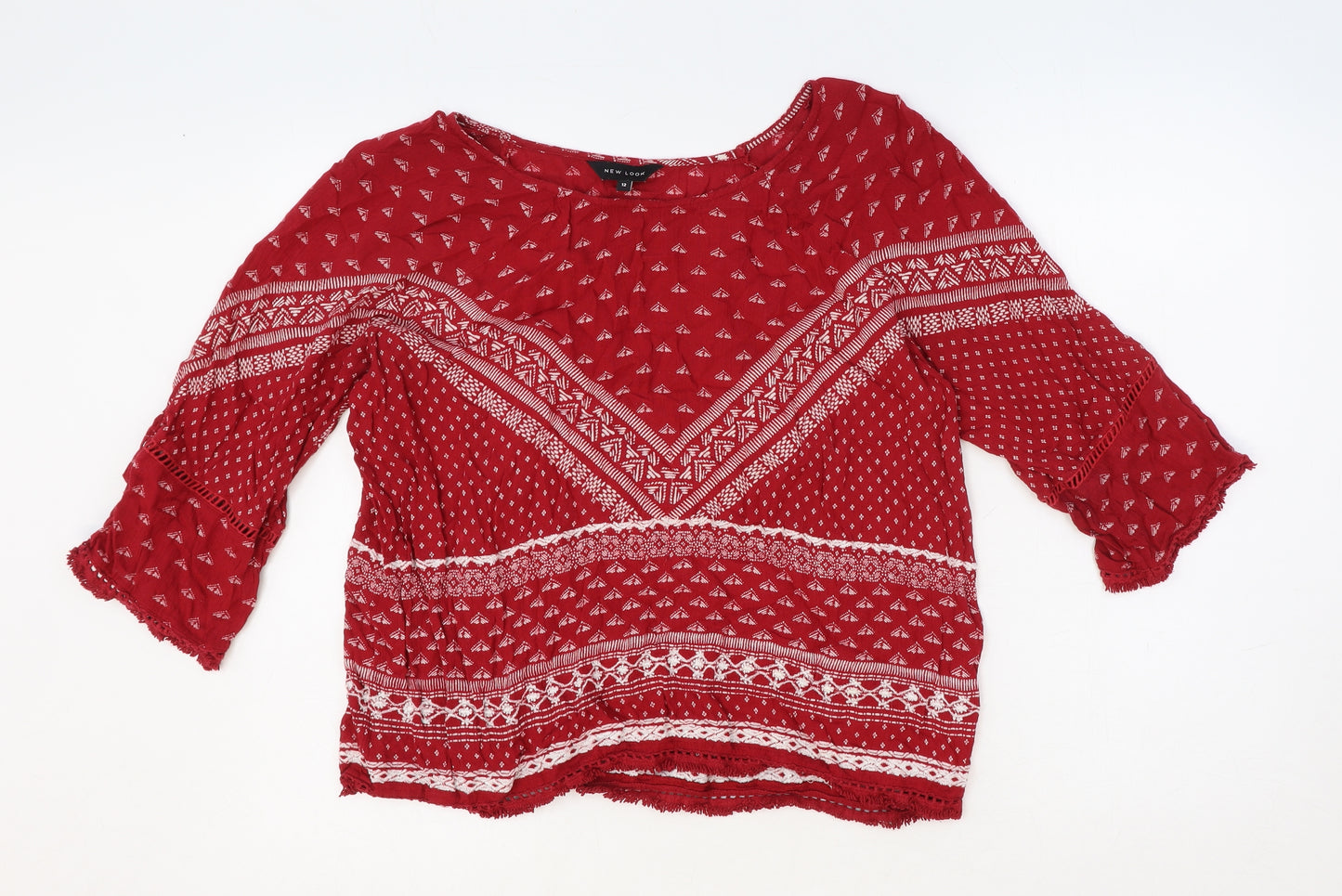 New Look Womens Red Geometric Viscose Basic Blouse Size 12 Boat Neck