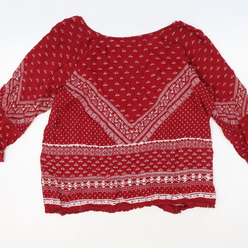 New Look Womens Red Geometric Viscose Basic Blouse Size 12 Boat Neck