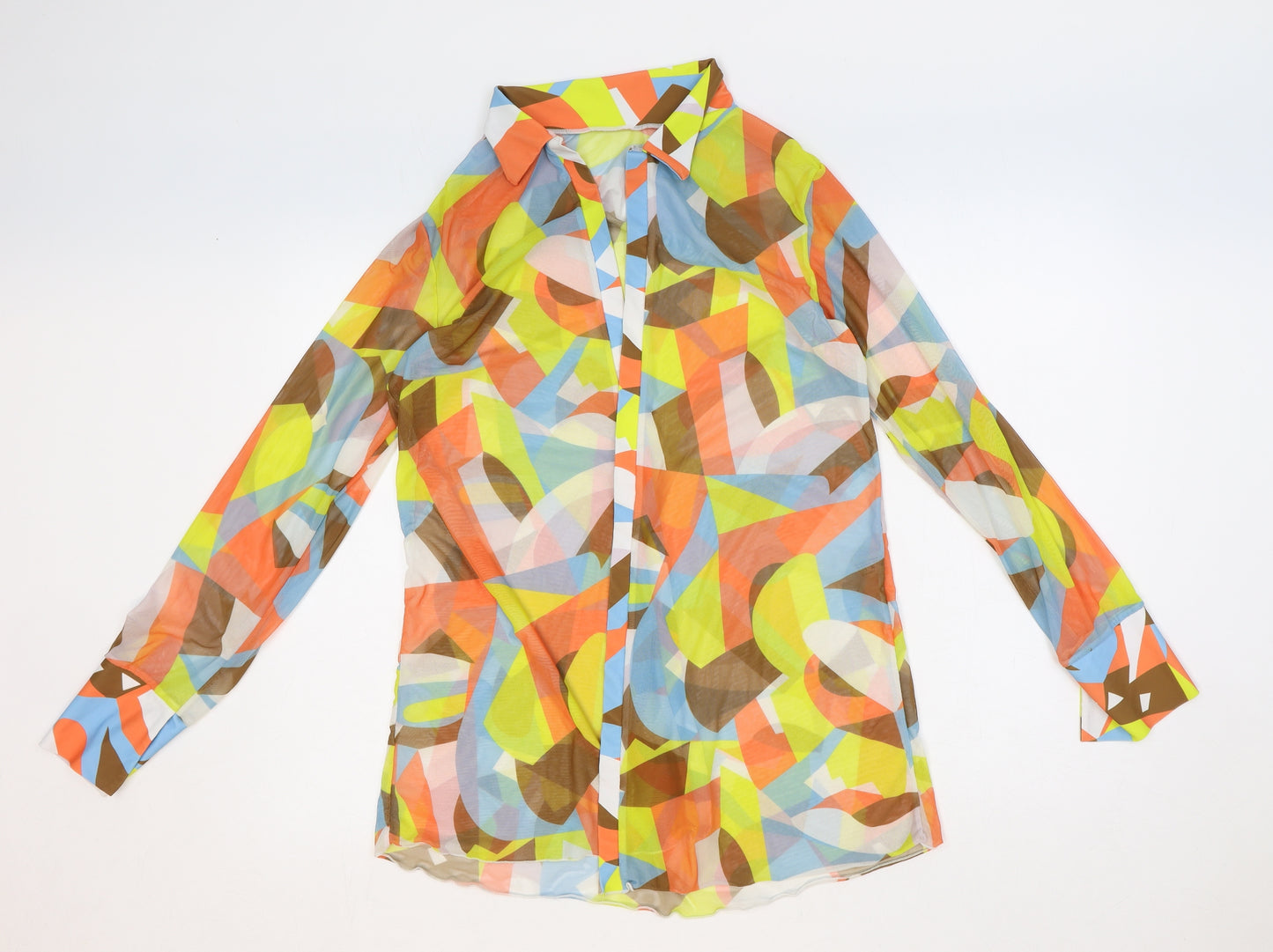 Preworn Womens Multicoloured Geometric Polyester Basic Blouse Size S Collared