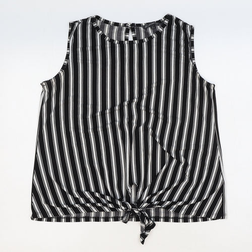 Adrianna Papell Womens Black Striped Polyester Cropped Tank Size M Boat Neck - Tie Front