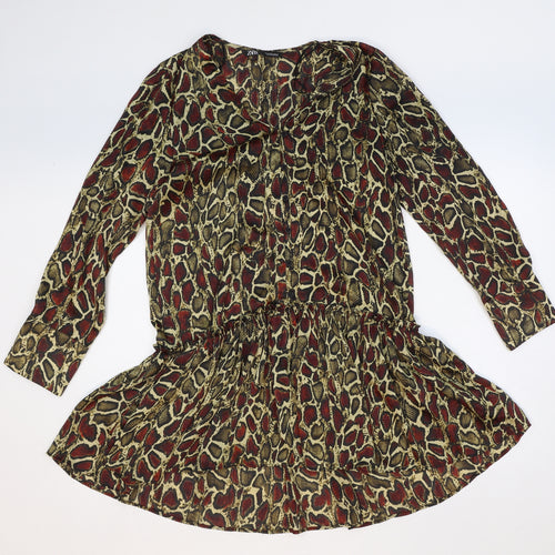Zara Womens Yellow Animal Print Polyester Fit & Flare Size M V-Neck Button - Snakeskin Pattern