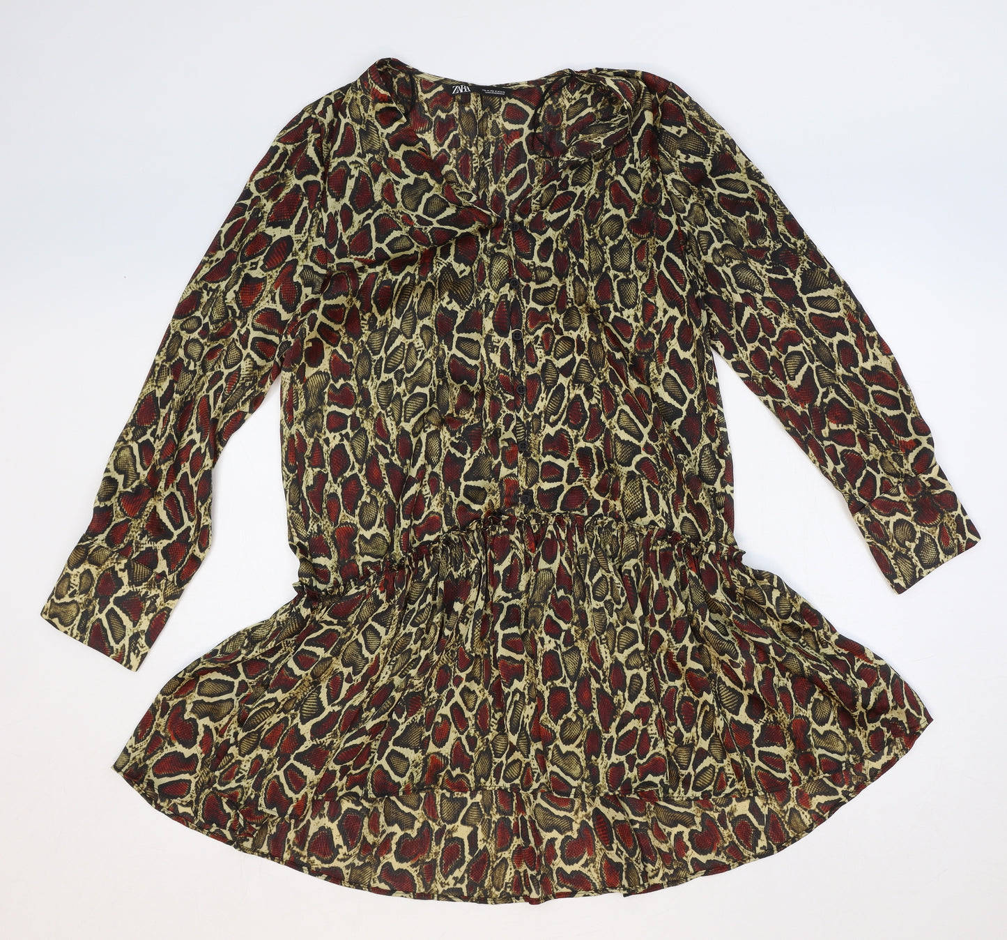 Zara Womens Yellow Animal Print Polyester Fit & Flare Size M V-Neck Button - Snakeskin Pattern