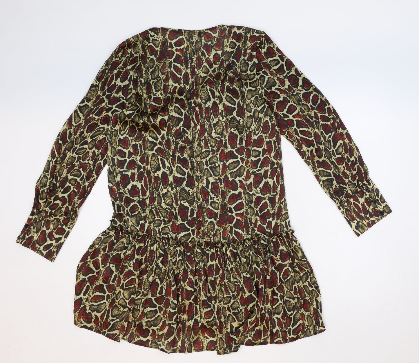 Zara Womens Yellow Animal Print Polyester Fit & Flare Size M V-Neck Button - Snakeskin Pattern