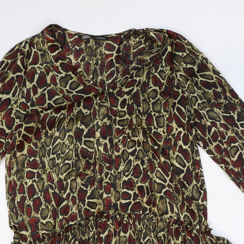 Zara Womens Yellow Animal Print Polyester Fit & Flare Size M V-Neck Button - Snakeskin Pattern