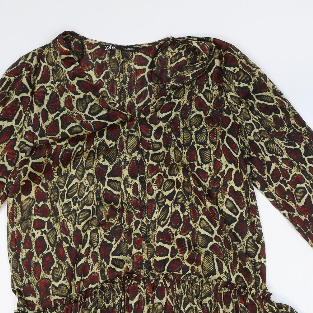 Zara Womens Yellow Animal Print Polyester Fit & Flare Size M V-Neck Button - Snakeskin Pattern