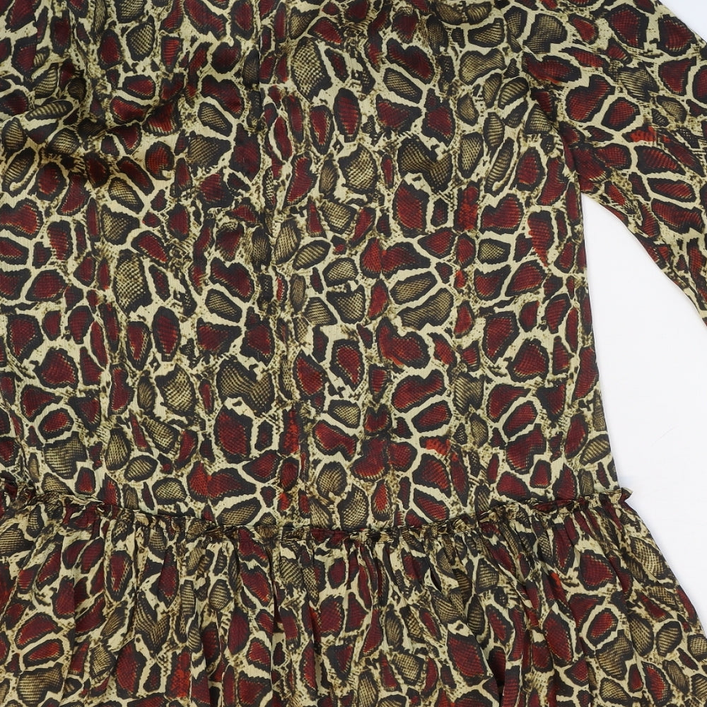 Zara Womens Yellow Animal Print Polyester Fit & Flare Size M V-Neck Button - Snakeskin Pattern