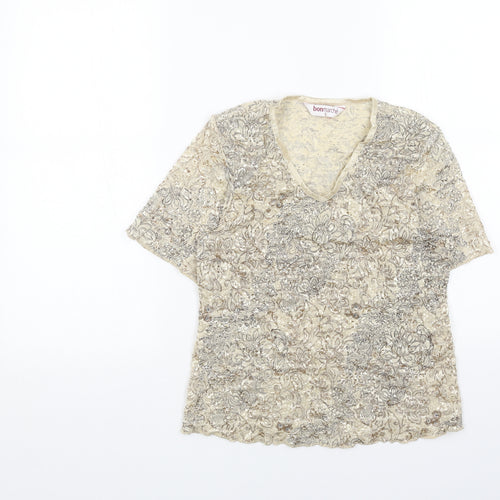 Bonmarché Womens Beige Geometric Polyester Basic T-Shirt Size S V-Neck