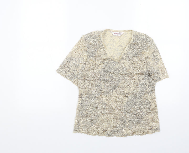 Bonmarché Womens Beige Geometric Polyester Basic T-Shirt Size S V-Neck