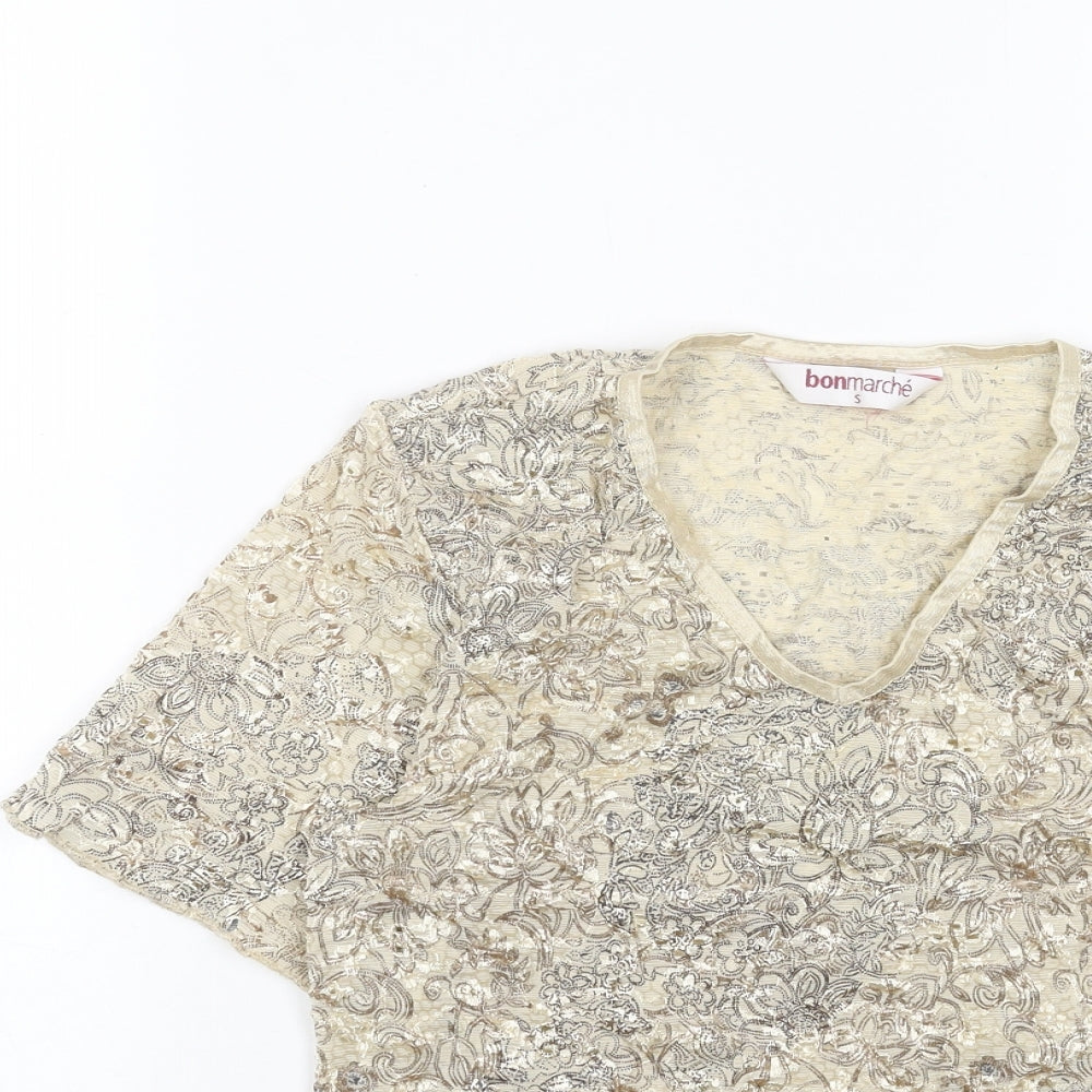 Bonmarché Womens Beige Geometric Polyester Basic T-Shirt Size S V-Neck