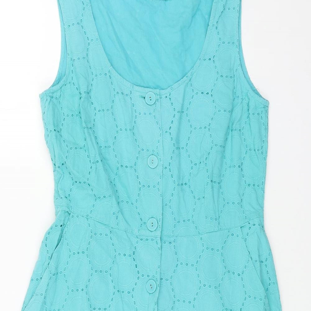 TU Womens Blue Geometric Cotton Fit & Flare Size 10 Scoop Neck Pullover