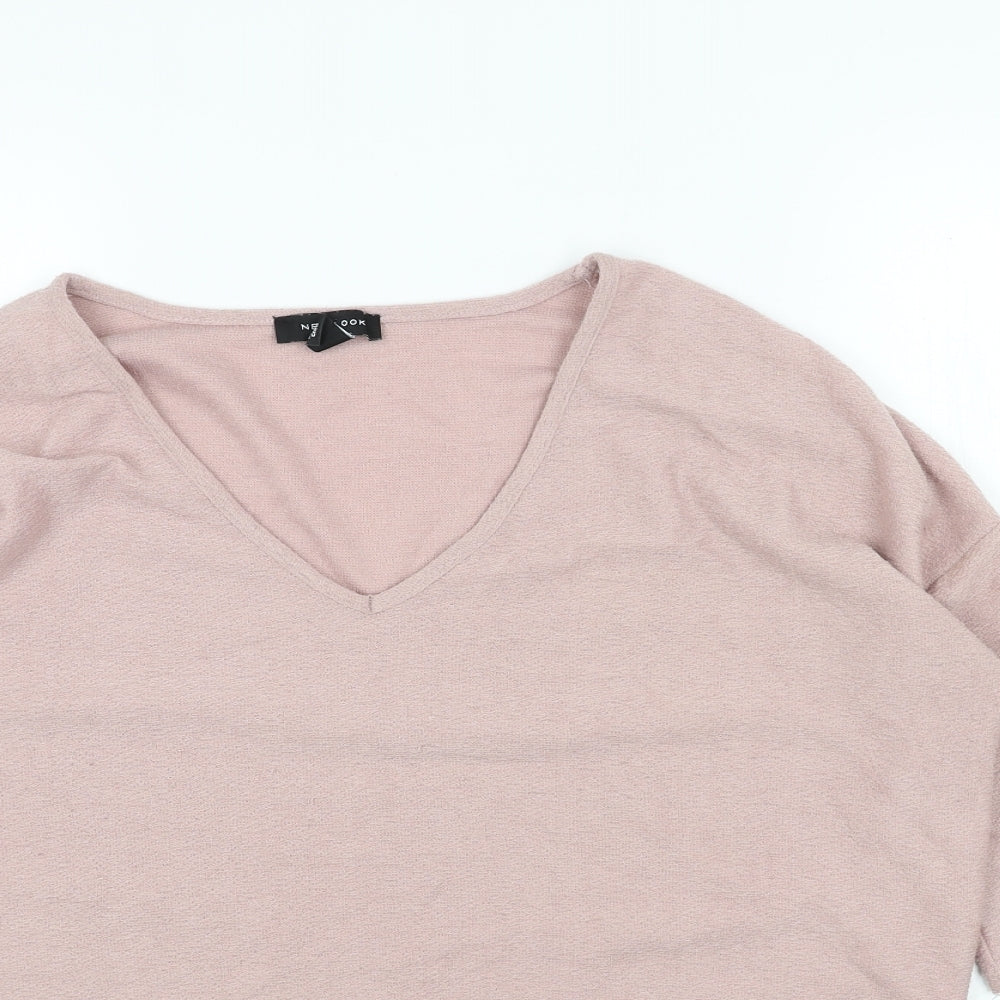 New Look Womens Pink Polyester Basic T-Shirt Size M V-Neck