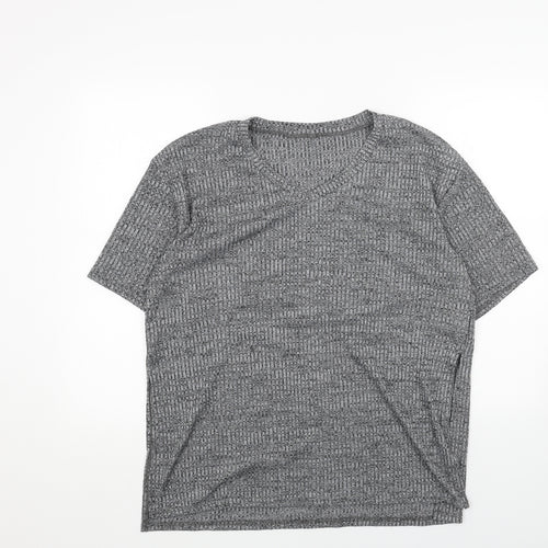 Preworn Womens Grey Geometric Polyester Basic T-Shirt Size L V-Neck