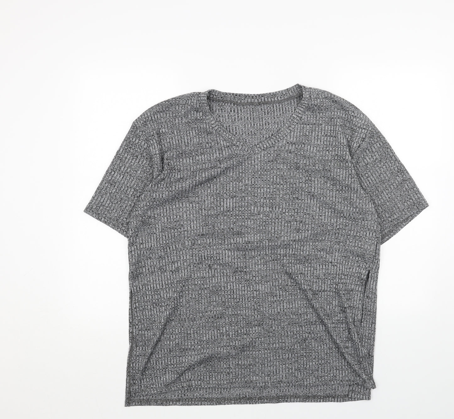 Preworn Womens Grey Geometric Polyester Basic T-Shirt Size L V-Neck