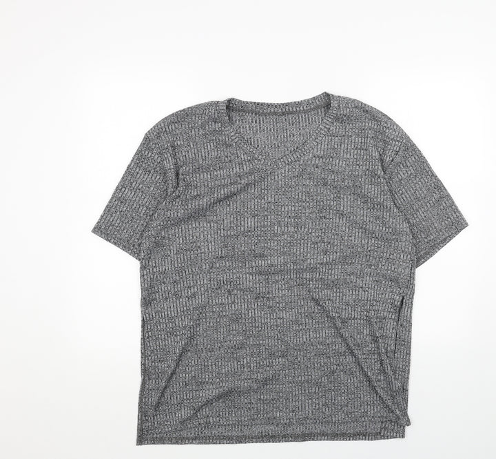 Preworn Womens Grey Geometric Polyester Basic T-Shirt Size L V-Neck