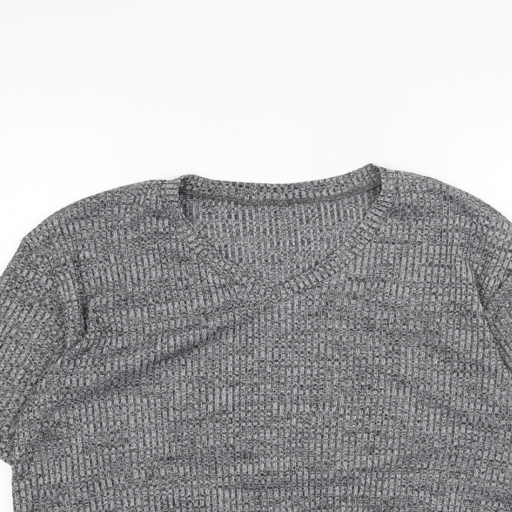 Preworn Womens Grey Geometric Polyester Basic T-Shirt Size L V-Neck
