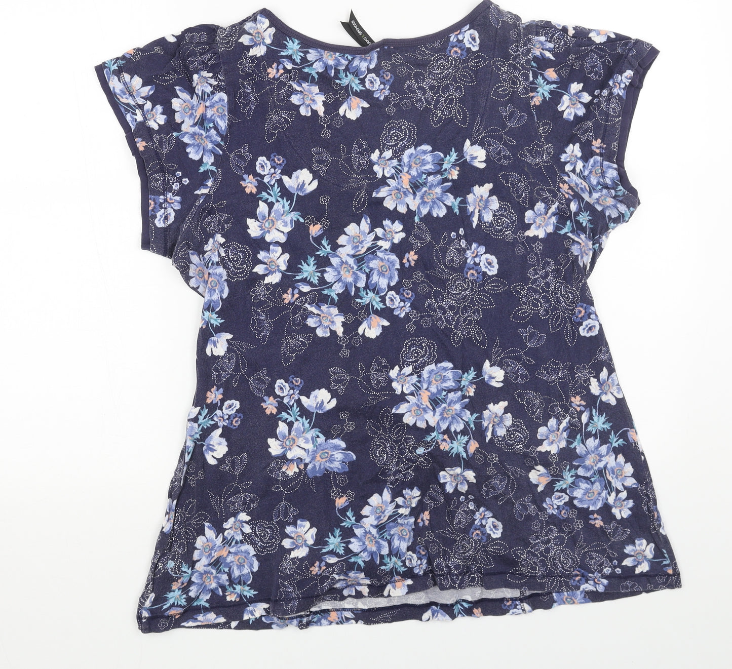 Marks and Spencer Womens Blue Floral Cotton Basic T-Shirt Size 18 Square Neck