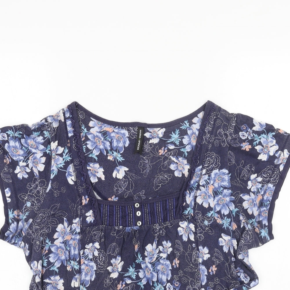 Marks and Spencer Womens Blue Floral Cotton Basic T-Shirt Size 18 Square Neck