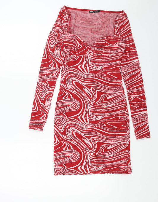 Zara Womens Red Geometric Polyester Bodycon Size S Sweetheart Pullover