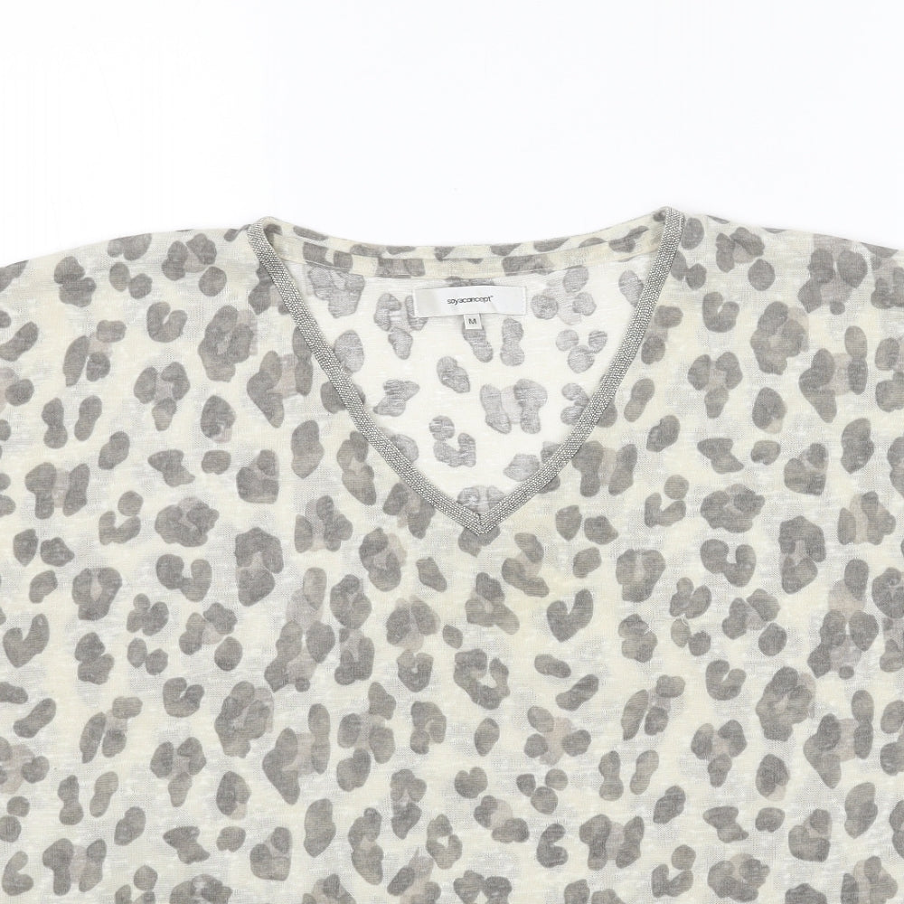 Soyaconcept Womens Grey V-Neck Animal Print Polyester Pullover Jumper Size M - Leopard Pattern