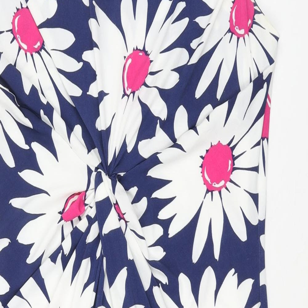 Per Una Womens Blue Floral Polyester A-Line Size 14 Boat Neck Pullover