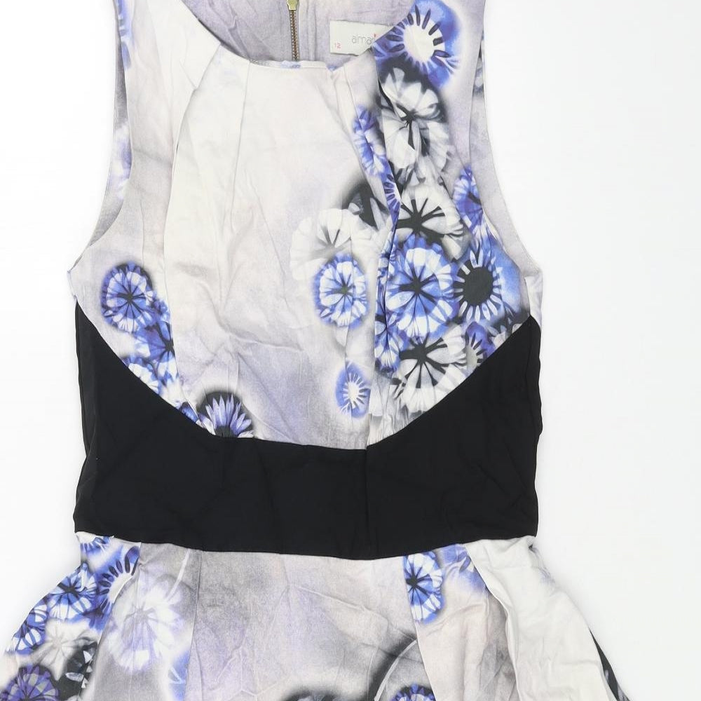 Almari Womens Blue Geometric Polyester Fit & Flare Size 12 Round Neck Zip