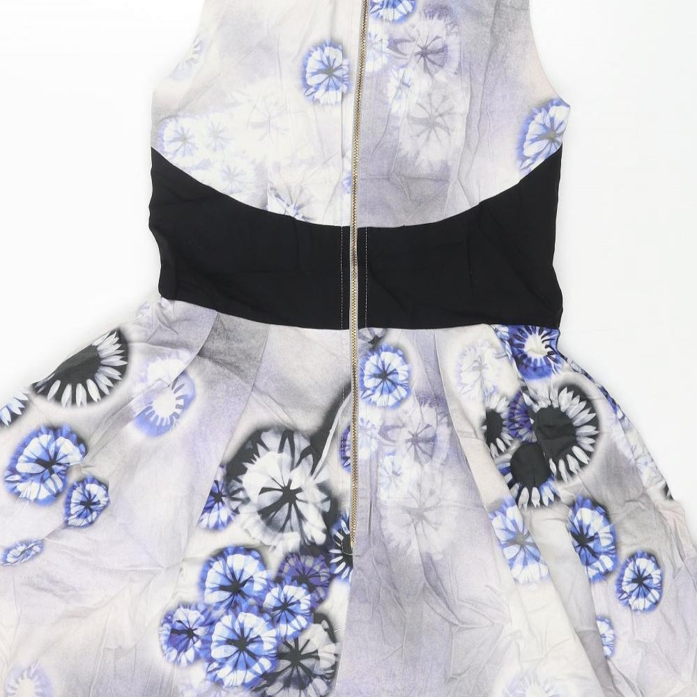 Almari Womens Blue Geometric Polyester Fit & Flare Size 12 Round Neck Zip