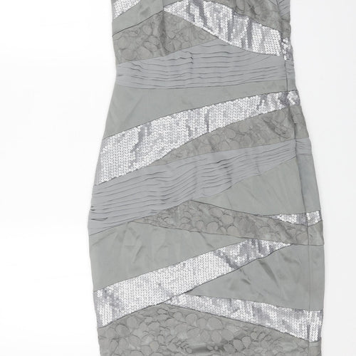Jax Womens Grey Geometric Polyester Pencil Dress Size 8 Boat Neck Zip - Lace Panels