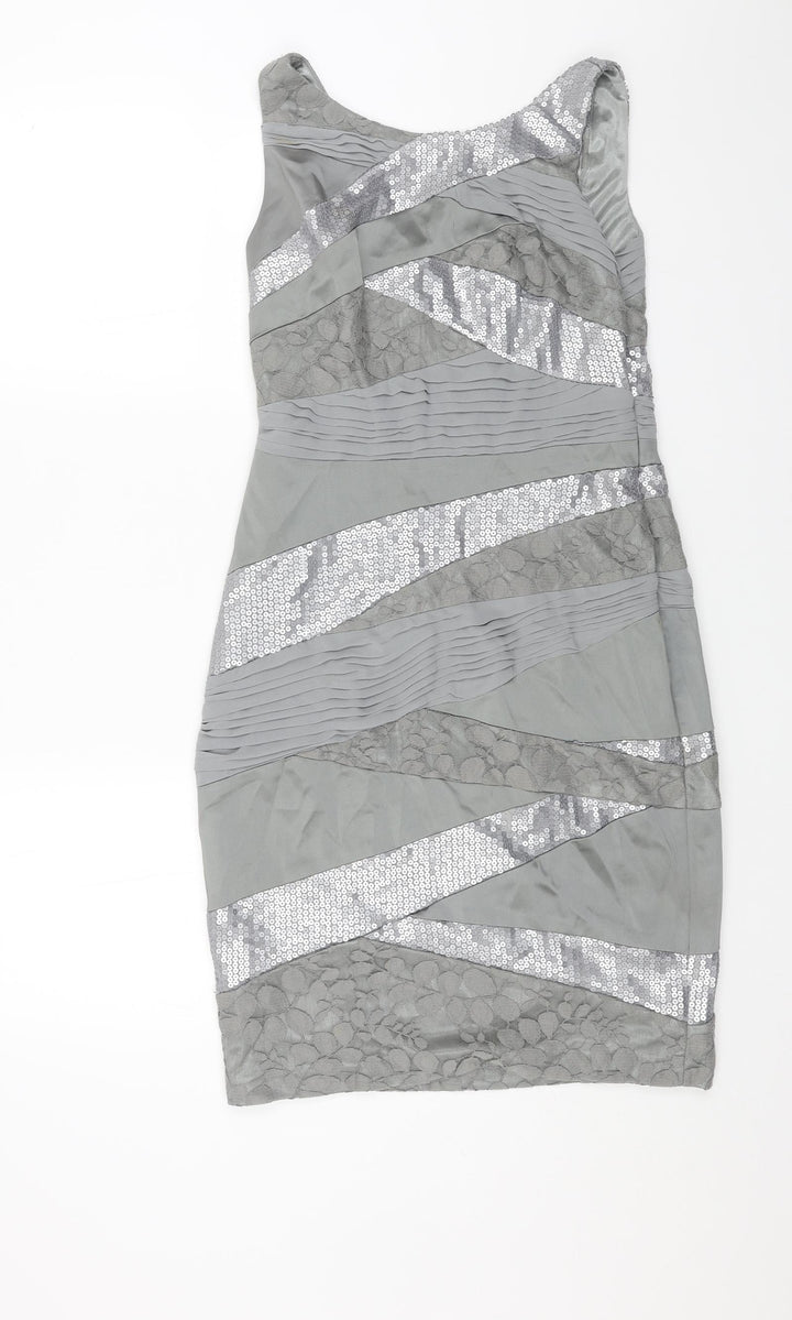 Jax Womens Grey Geometric Polyester Pencil Dress Size 8 Boat Neck Zip - Lace Panels