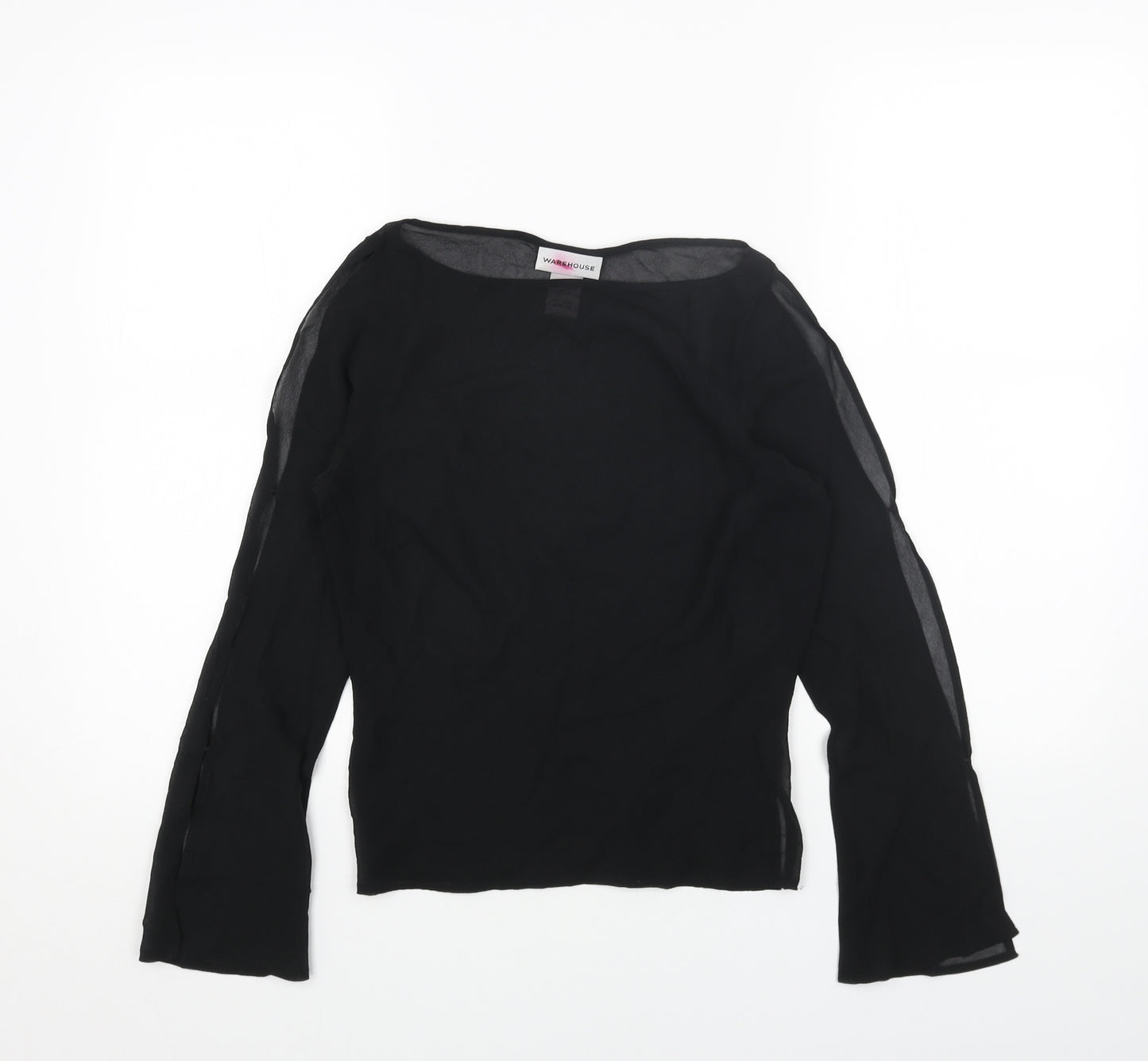Warehouse Womens Black Polyester Basic Blouse Size 10 Boat Neck - Split Sleeve Detail