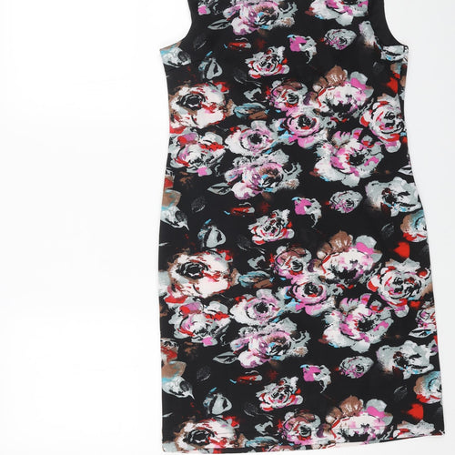 VENCO Womens Black Floral Polyester Shift Size 16 Scoop Neck Zip