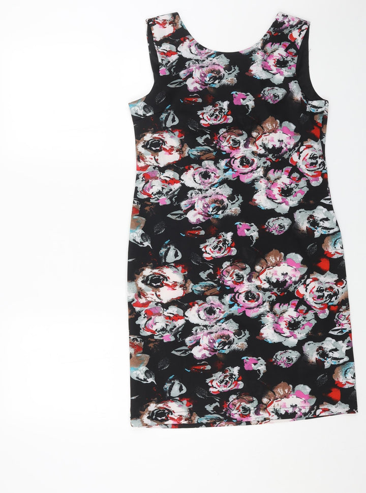 VENCO Womens Black Floral Polyester Shift Size 16 Scoop Neck Zip