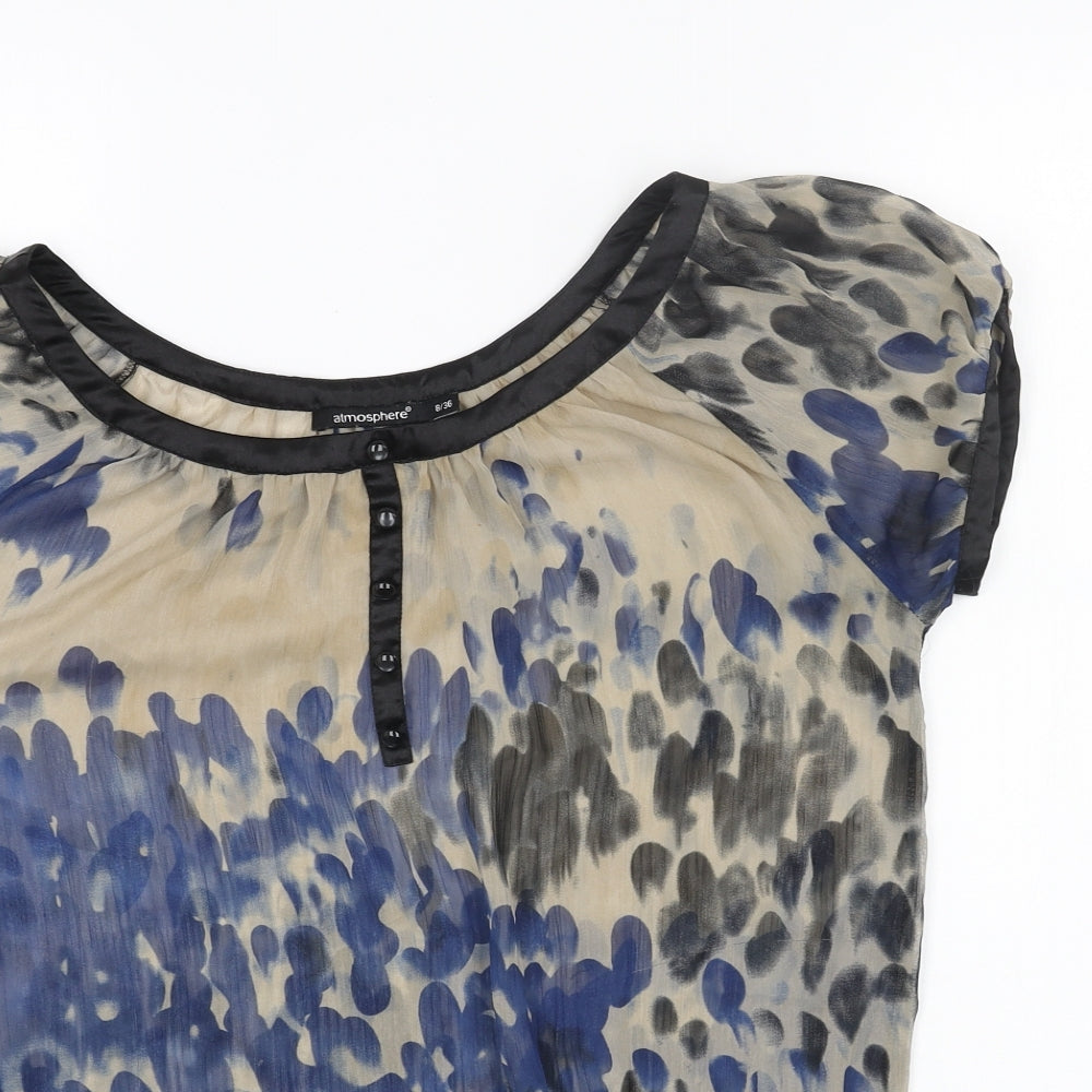 Primark Womens Brown Geometric Polyester Basic Blouse Size 8 Boat Neck - Drawstring Waist